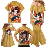 Japanese Geisha Koi Fish Family Matching Mermaid Dress and Hawaiian Shirt Cherry Blossoms Yellow Seigaiha Pattern - Polynesian Pride