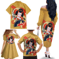 Japanese Geisha Koi Fish Family Matching Off The Shoulder Long Sleeve Dress and Hawaiian Shirt Cherry Blossoms Yellow Seigaiha Pattern - Polynesian Pride