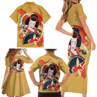 Japanese Geisha Koi Fish Family Matching Short Sleeve Bodycon Dress and Hawaiian Shirt Cherry Blossoms Yellow Seigaiha Pattern - Polynesian Pride