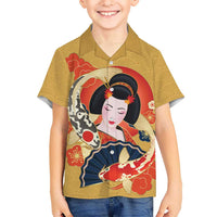 Japanese Geisha Koi Fish Family Matching Short Sleeve Bodycon Dress and Hawaiian Shirt Cherry Blossoms Yellow Seigaiha Pattern - Polynesian Pride
