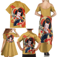 Japanese Geisha Koi Fish Family Matching Summer Maxi Dress and Hawaiian Shirt Cherry Blossoms Yellow Seigaiha Pattern - Polynesian Pride