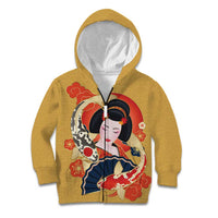 Japanese Geisha Koi Fish Kid Hoodie Cherry Blossoms Yellow Seigaiha Pattern LT14 Zip Hoodie Yellow - Polynesian Pride