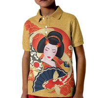 Japanese Geisha Koi Fish Kid Polo Shirt Cherry Blossoms Yellow Seigaiha Pattern LT14 Kid Yellow - Polynesian Pride