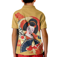 Japanese Geisha Koi Fish Kid Polo Shirt Cherry Blossoms Yellow Seigaiha Pattern LT14 - Polynesian Pride