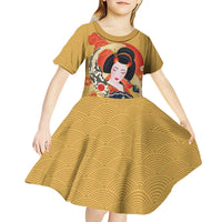 Japanese Geisha Koi Fish Kid Short Sleeve Dress Cherry Blossoms Yellow Seigaiha Pattern LT14 - Polynesian Pride