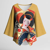 Japanese Geisha Koi Fish Kimono Sleeve Blouse Cherry Blossoms Yellow Seigaiha Pattern LT14 Female Yellow - Polynesian Pride