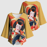 Japanese Geisha Koi Fish Kimono Sleeve Blouse Cherry Blossoms Yellow Seigaiha Pattern LT14 - Polynesian Pride