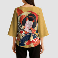 Japanese Geisha Koi Fish Kimono Sleeve Blouse Cherry Blossoms Yellow Seigaiha Pattern LT14 - Polynesian Pride