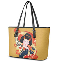 Japanese Geisha Koi Fish Leather Tote Bag Cherry Blossoms Yellow Seigaiha Pattern LT14 - Polynesian Pride