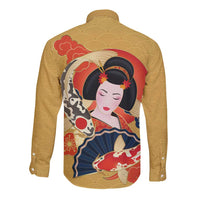 Japanese Geisha Koi Fish Long Sleeve Button Shirt Cherry Blossoms Yellow Seigaiha Pattern LT14 - Polynesian Pride