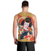 Japanese Geisha Koi Fish Men Tank Top Cherry Blossoms Yellow Seigaiha Pattern LT14 - Polynesian Pride