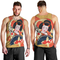 Japanese Geisha Koi Fish Men Tank Top Cherry Blossoms Yellow Seigaiha Pattern LT14 - Polynesian Pride