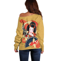 Japanese Geisha Koi Fish Off Shoulder Sweater Cherry Blossoms Yellow Seigaiha Pattern LT14 - Polynesian Pride