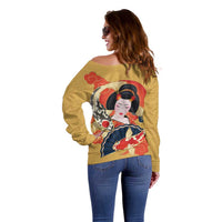 Japanese Geisha Koi Fish Off Shoulder Sweater Cherry Blossoms Yellow Seigaiha Pattern LT14 - Polynesian Pride