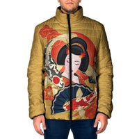 Japanese Geisha Koi Fish Padded Jacket Cherry Blossoms Yellow Seigaiha Pattern LT14 Men Yellow - Polynesian Pride