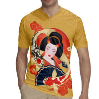 Japanese Geisha Koi Fish Rugby Jersey Cherry Blossoms Yellow Seigaiha Pattern LT14 - Polynesian Pride
