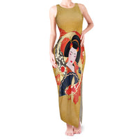 Japanese Geisha Koi Fish Tank Maxi Dress Cherry Blossoms Yellow Seigaiha Pattern LT14 Women Yellow - Polynesian Pride