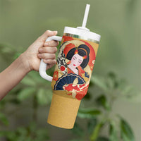 Japanese Geisha Koi Fish Tumbler With Handle Cherry Blossoms Yellow Seigaiha Pattern LT14 - Polynesian Pride