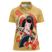 Japanese Geisha Koi Fish Women Polo Shirt Cherry Blossoms Yellow Seigaiha Pattern LT14 Female Yellow - Polynesian Pride