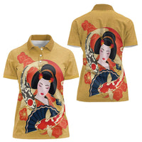 Japanese Geisha Koi Fish Women Polo Shirt Cherry Blossoms Yellow Seigaiha Pattern LT14 - Polynesian Pride