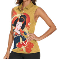 Japanese Geisha Koi Fish Women Sleeveless Polo Shirt Cherry Blossoms Yellow Seigaiha Pattern - Polynesian Pride