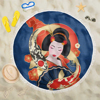 Japanese Geisha Koi Fish Beach Blanket Cherry Blossoms Blue Seigaiha Pattern LT14 One Size 150cm Blue - Polynesian Pride