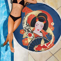 Japanese Geisha Koi Fish Beach Blanket Cherry Blossoms Blue Seigaiha Pattern LT14 - Polynesian Pride