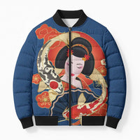 Japanese Geisha Koi Fish Bomber Puffer Jacket Cherry Blossoms Blue Seigaiha Pattern LT14 Unisex Blue - Polynesian Pride