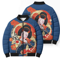 Japanese Geisha Koi Fish Bomber Puffer Jacket Cherry Blossoms Blue Seigaiha Pattern LT14 - Polynesian Pride