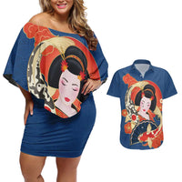 Japanese Geisha Koi Fish Couples Matching Off Shoulder Short Dress and Hawaiian Shirt Cherry Blossoms Blue Seigaiha Pattern - Polynesian Pride