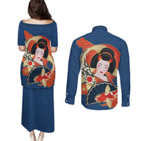 Japanese Geisha Koi Fish Couples Matching Puletasi and Long Sleeve Button Shirt Cherry Blossoms Blue Seigaiha Pattern LT14 - Polynesian Pride