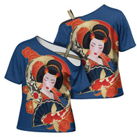 Japanese Geisha Koi Fish Cross Shoulder Shirt Cherry Blossoms Blue Seigaiha Pattern LT14 - Polynesian Pride