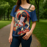 Japanese Geisha Koi Fish Cross Shoulder Shirt Cherry Blossoms Blue Seigaiha Pattern LT14 - Polynesian Pride