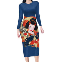 Japanese Geisha Koi Fish Family Matching Long Sleeve Bodycon Dress and Hawaiian Shirt Cherry Blossoms Blue Seigaiha Pattern - Polynesian Pride
