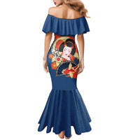 Japanese Geisha Koi Fish Family Matching Mermaid Dress and Hawaiian Shirt Cherry Blossoms Blue Seigaiha Pattern - Polynesian Pride