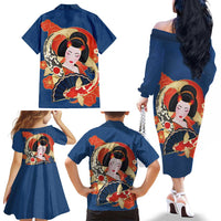 Japanese Geisha Koi Fish Family Matching Off The Shoulder Long Sleeve Dress and Hawaiian Shirt Cherry Blossoms Blue Seigaiha Pattern - Polynesian Pride