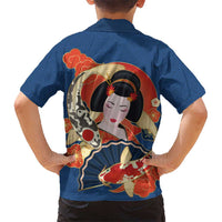 Japanese Geisha Koi Fish Family Matching Off Shoulder Short Dress and Hawaiian Shirt Cherry Blossoms Blue Seigaiha Pattern - Polynesian Pride