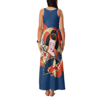 Japanese Geisha Koi Fish Family Matching Tank Maxi Dress and Hawaiian Shirt Cherry Blossoms Blue Seigaiha Pattern - Polynesian Pride