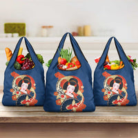 Japanese Geisha Koi Fish Grocery Bag Cherry Blossoms Blue Seigaiha Pattern - Polynesian Pride