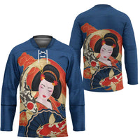 Japanese Geisha Koi Fish Hockey Jersey Cherry Blossoms Blue Seigaiha Pattern LT14 - Polynesian Pride