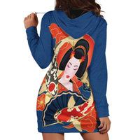 Japanese Geisha Koi Fish Hoodie Dress Cherry Blossoms Blue Seigaiha Pattern LT14 - Polynesian Pride