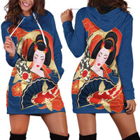 Japanese Geisha Koi Fish Hoodie Dress Cherry Blossoms Blue Seigaiha Pattern LT14 - Polynesian Pride