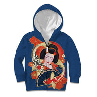 Japanese Geisha Koi Fish Kid Hoodie Cherry Blossoms Blue Seigaiha Pattern LT14 Zip Hoodie Blue - Polynesian Pride