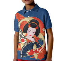 Japanese Geisha Koi Fish Kid Polo Shirt Cherry Blossoms Blue Seigaiha Pattern LT14 Kid Blue - Polynesian Pride