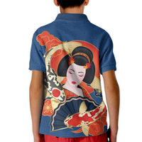 Japanese Geisha Koi Fish Kid Polo Shirt Cherry Blossoms Blue Seigaiha Pattern LT14 - Polynesian Pride