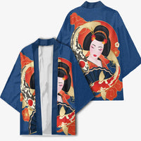 Japanese Geisha Koi Fish Kimono Cherry Blossoms Blue Seigaiha Pattern LT14 - Polynesian Pride