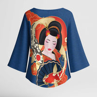Japanese Geisha Koi Fish Kimono Sleeve Blouse Cherry Blossoms Blue Seigaiha Pattern LT14 - Polynesian Pride