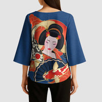 Japanese Geisha Koi Fish Kimono Sleeve Blouse Cherry Blossoms Blue Seigaiha Pattern LT14 - Polynesian Pride