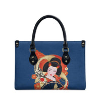 Japanese Geisha Koi Fish Leather Bag Cherry Blossoms Blue Seigaiha Pattern LT14 - Polynesian Pride
