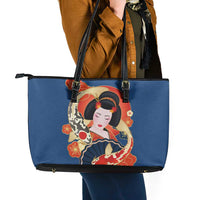 Japanese Geisha Koi Fish Leather Tote Bag Cherry Blossoms Blue Seigaiha Pattern LT14 - Polynesian Pride